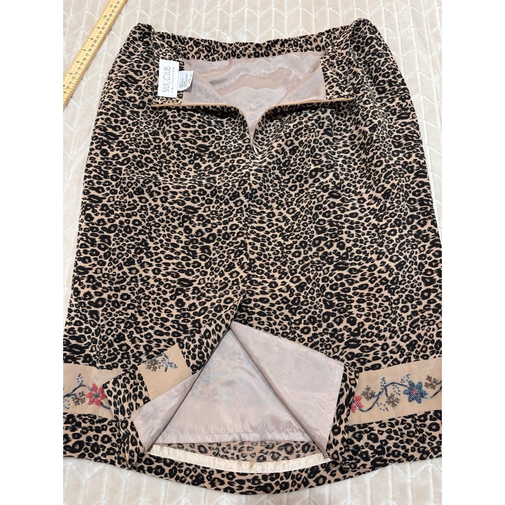 Vintage 90s Silk Club Skirt 14 Leopard Print Beaded Floral Boho Luxury Career - Picture 12 of 13